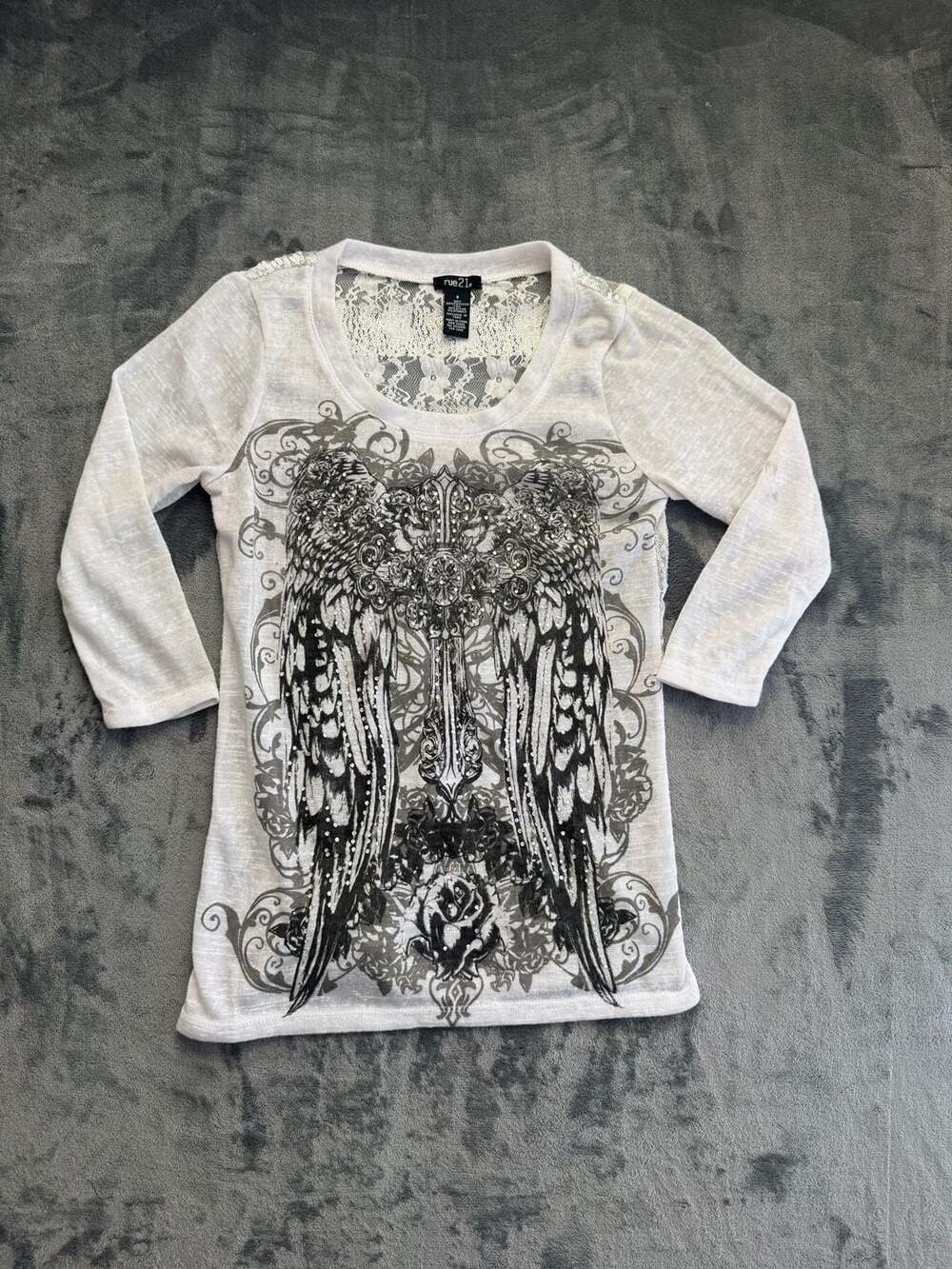Rue21 Y2K Grunge Angel Wings Cross Graphic Sequins Lace Top Size S